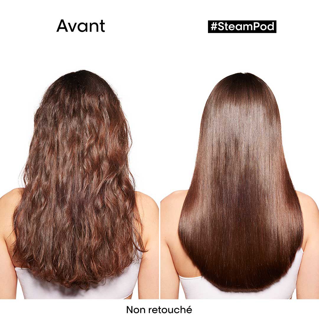 Avant/apr&egrave;s utilisation du Soin lissant SteamPod et du SteamPod.